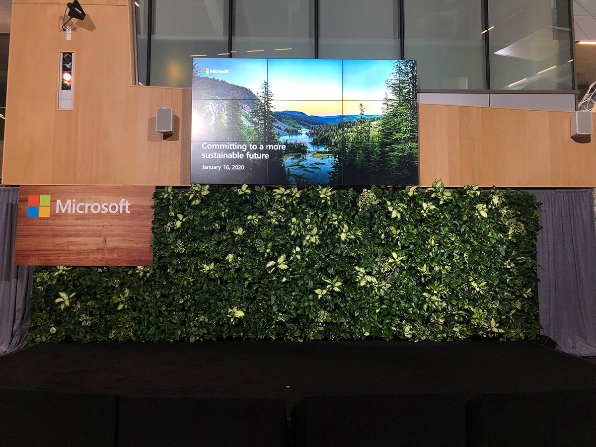 Microsoft branded backdrop with greenery wall.