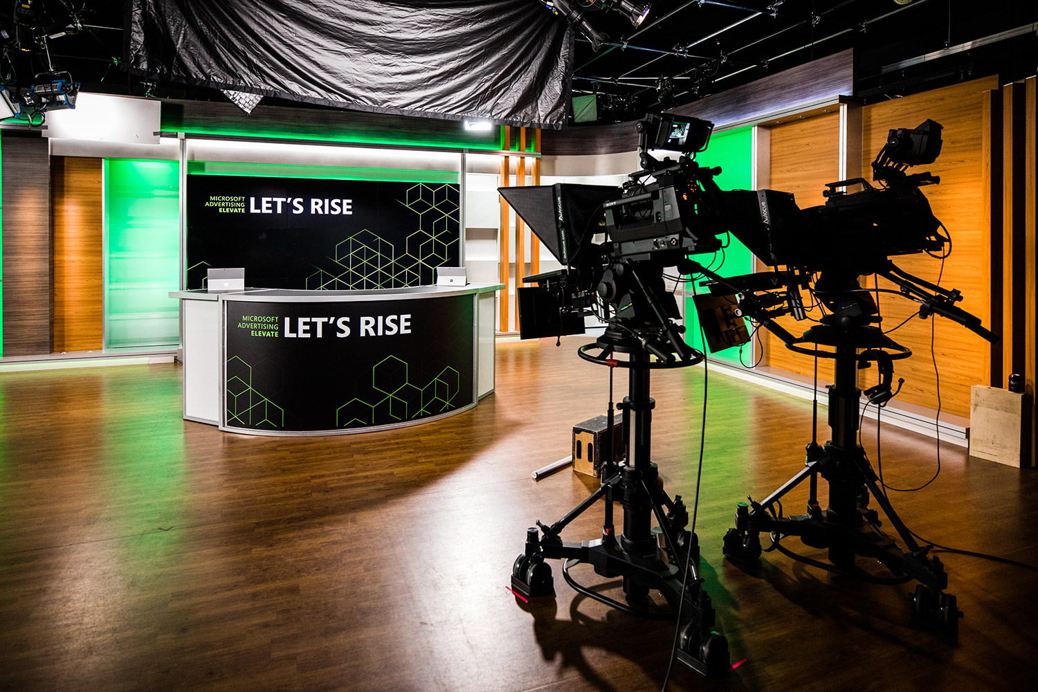 Photo of production set up for the Let's Rise Microsoft Advertising event.