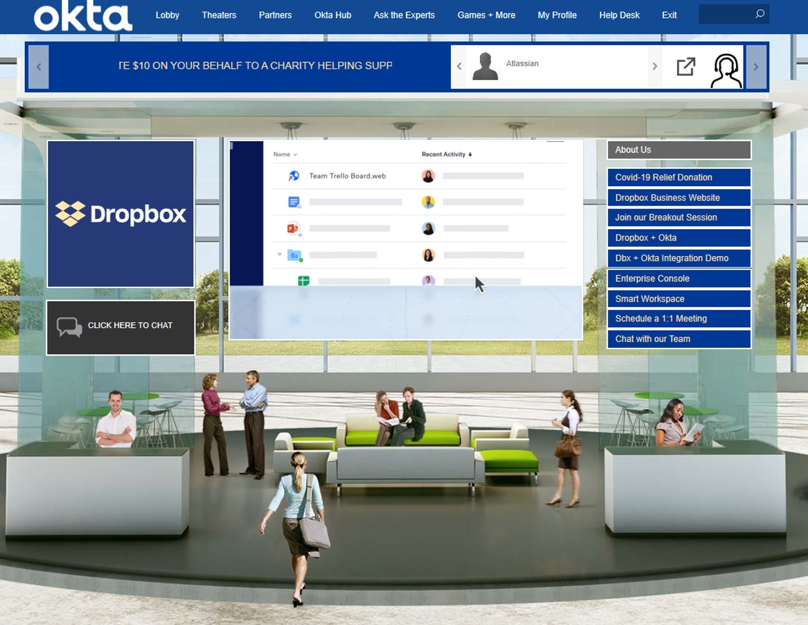 Screenshot of an Okta virtual Dropbox booth.